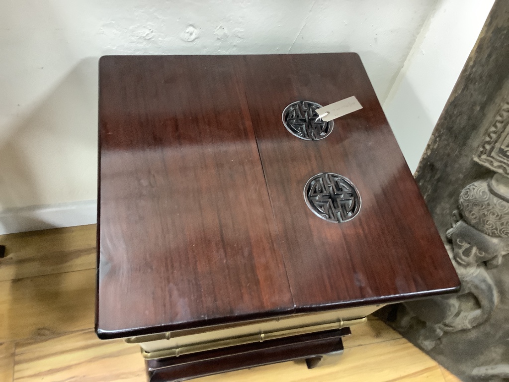 A Chinese brass-mounted hardwood container and cover on low stand, width 49cm depth 50cm height 60cm 50 x 59cm